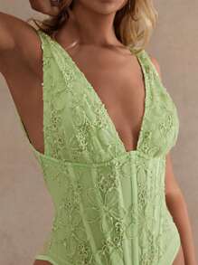 Glamine Women's Elegant 3D Floral Decor Sleeveless Corset  Bodysuit, Summer,Bodysuits For Wome,Summer Outfits For Women,Corset Bodysuit For Women, Lace Bodysuit, Green Bodysuit