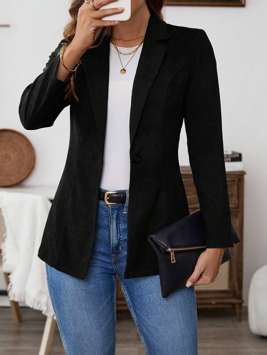 EMERY ROSE 1pc Women Solid Color Lapel Collar Single Button Placket Suit Jacket In Summer Teachers' Day Office Business Black Casual - Black - View 1