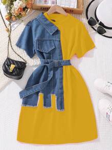 Tween Girls Cotton Denim Patchwork Casual Dress - Yellow - View 1
