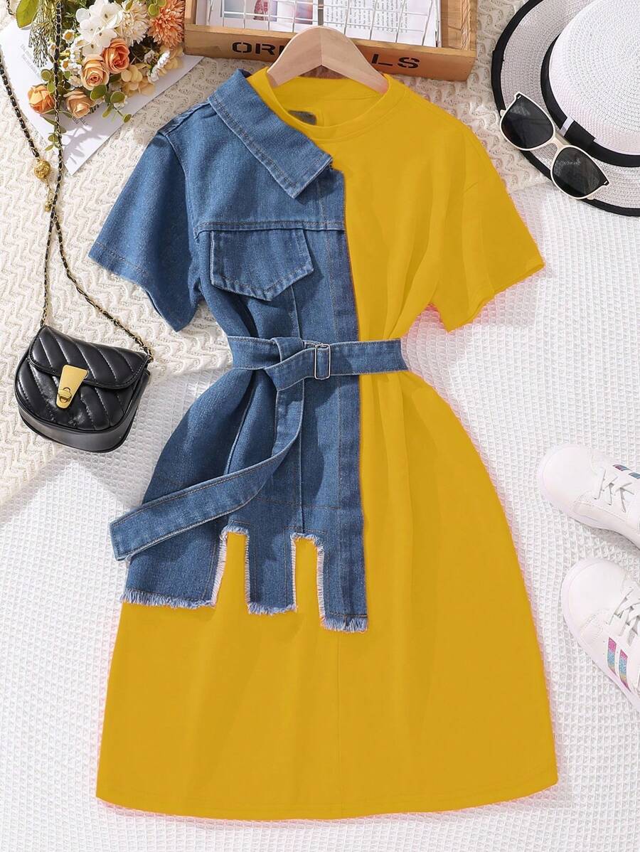 Tween Girls Cotton Denim Patchwork Casual Dress - Yellow - View 1