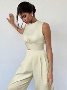 Firerie 女士优雅简约别致性感浪漫通勤音乐节派对约会之夜露背无袖上衣和褶皱阔腿裤黑色 2 件套 - 卡其色 - 查看 5