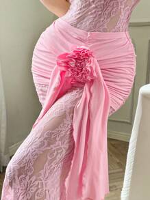 Modelyn Women's 3D Floral Decor See-Through Asymmetrical Neckline Sleeveless Dress,Soft Pink,Summer,Girly,Party Prom Wedding Guest Birthday Curve Dress - Pink - View 2