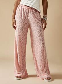 MISSGUIDED 奢华天鹅绒阔腿休闲裤 阔腿风格抽绳舒适服装 节日派对晚装 柔软毛绒裤 - 粉色 - 查看 5