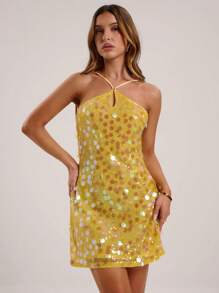 SHEIN BAE 1 件黄色闪亮亮片低腰垂坠性感迷你连衣裙，适合俱乐部海岛度假装、女士蜜月装、泳池派对装、度假装、伊比沙岛装、节日、度假海滩装、海滩装、波西米亚装、生日派对装、俱乐部装女士性感 - 黃色 - 查看 5