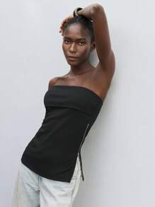 Maija 1pc Women Sleeveless Solid Black Side Zip Crop Top With Split Hem