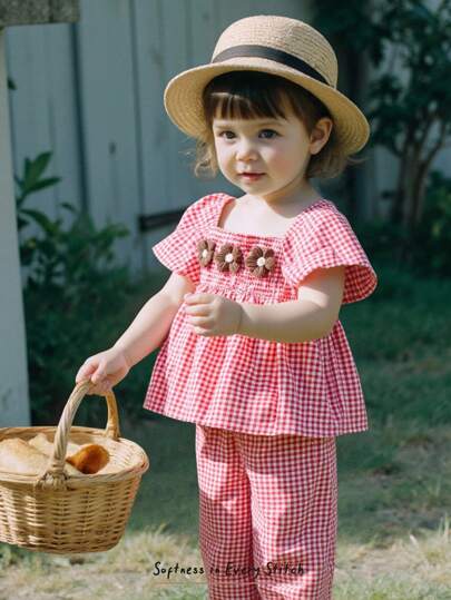 Cozy Pixies Baby Girl Colorful Plaid Pattern Floral 3D Decor Round Neck Short Sleeve Top And Elastic Waist Pants 2 Pieces Set