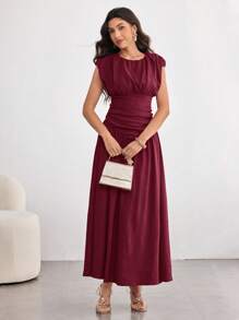 Modelyn Women's Elegant Long Dress With Ruched Design, Fashion Flair Flared Hem, Spring/Summer - Red Violet - View 4