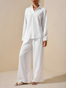 Zivah 2025 New Summer Casual Elegant Vacation Daily Dating Commuting Work Wear Simple Basic Style Lapel Long-Sleeved Drop Shoulder Loose Shirt + Wide-Leg Ultra-Long Pants White Women's Two Pieces Suit White Two Pieces Set Women Women White Summer Set Loungewear Women