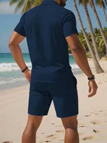 Manfinity Dauomo 男士 1 套纯色半拉链短袖 Polo 衫和口袋短裤套装