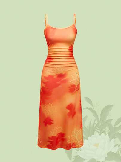 The White Lotus Women's Tie-Dye & Lotus Flower Print Ruched Fitted Orange Long Dress, Summer Vacation