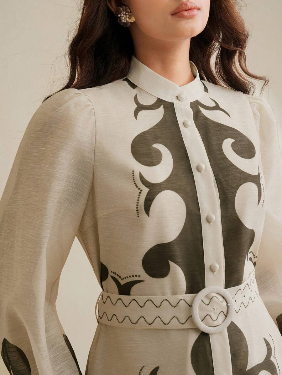 Anewsta 长袖节日束腰灯笼花卉印花休闲优雅女式连衣裙