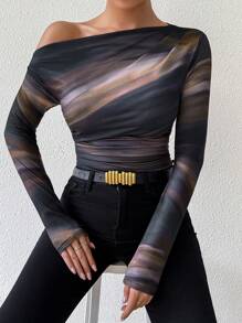 SHEIN Tall Women Tie Dye Print Asymmetrical Neck Ruched Long Sleeve T-Shirt For Spring Outfit Fall Cloth For Women - Brown - View 4