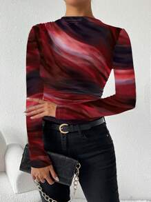 Chiquease 扎染印花不对称肩部荷叶边长袖T恤，新年女装，春秋季上衣 - 紅色 - 查看 6