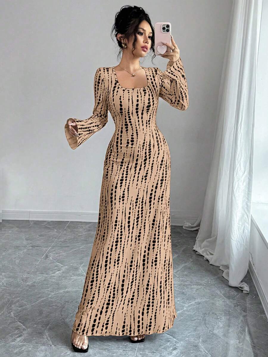 Lyxana Urban Fashion Animal Print Square Neck Flared Long Sleeve Waist Fit Women Long Dress, Autumn/Winter Fall Cloth For Women - Brown - View 1