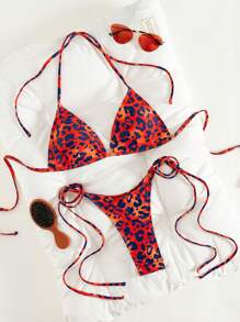 Swim SXY 2pcs Set Bikini Wanita Motif Leopard Gradien Acak dengan Cup Segitiga dan Belahan Leher untuk Liburan Pantai Musim Panas - MultiWarna - View 3