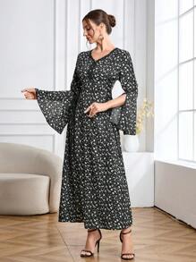 Al Najma Robe femme col V à manches évasées, ceinture à nouer à la taille, contraste de couleur noir et imprimé floral violet