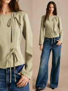 Poéselle Women's Green Lace-Up Solid Color Front Tie Long Sleeve Casual Regular Jacket, Button Detailing At Sleeves, Asymmetric Tie Placket Autumn Winter