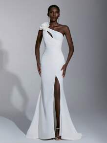 Elitara White Spring Elegant Formal Party Dress,Stretchy Knitted Asymmetric Shoulder Detachable 3D Floral Ruched Fishtail High Slit Extra Long Bridal Train - White - View 4