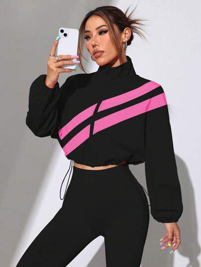 Easithlete Colorblock Full Zip Drawstring Hem Sports Jacket, Suitable For Spring And Autumn Active Sporty Workout Jacket