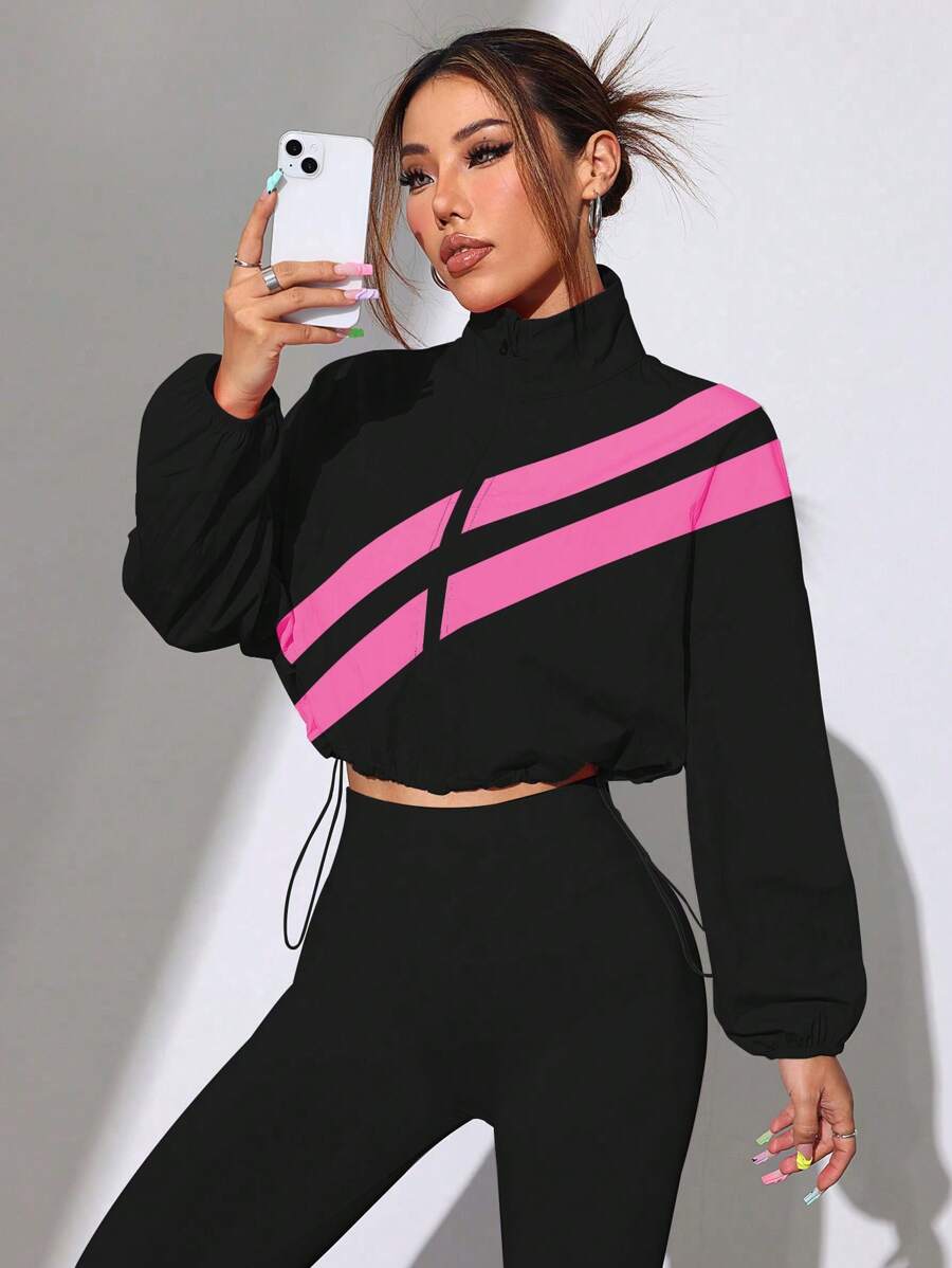 Dewbera Dewbera Colorblock Full Zip Drawstring Hem Sports Jacket, Suitable For Spring And Autumn Active Sporty Workout Jacket - Multicolor - View 1