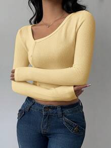 SHEIN BASICS Top de manga larga ajustada de punto de color liso informal para mujer - Amarillo - Ver 5