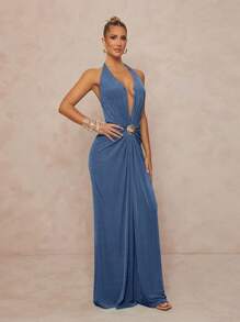 Lumalex Women's Dusty Blue Summer Elegant Party Night Halter Neck Deep Plunge Ruched Front Crystal Shell Brooch Backless Bodycon Maxi Dress For Wedding Prom - Dusty Blue - View 7