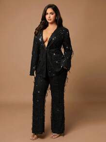 SHEIN BAE Plus Size Women Elegant Party Halloween Solid Black Sequin Tassel Flare Leg Pants Graduation,Back To School,Teacher Outfits For Women