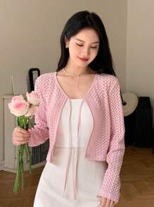 DAZY 纯色系带前短款上衣 长袖 女式上衣 - 粉色 - 查看 3