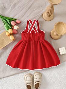 SHEIN 女婴优雅纹理面料对比蝴蝶结连衣裙 - 紅色 - 查看 2