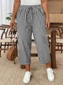 SHEIN PETITE 大码女式条纹口袋休闲哈伦裤 - 黑與白 - 查看 6