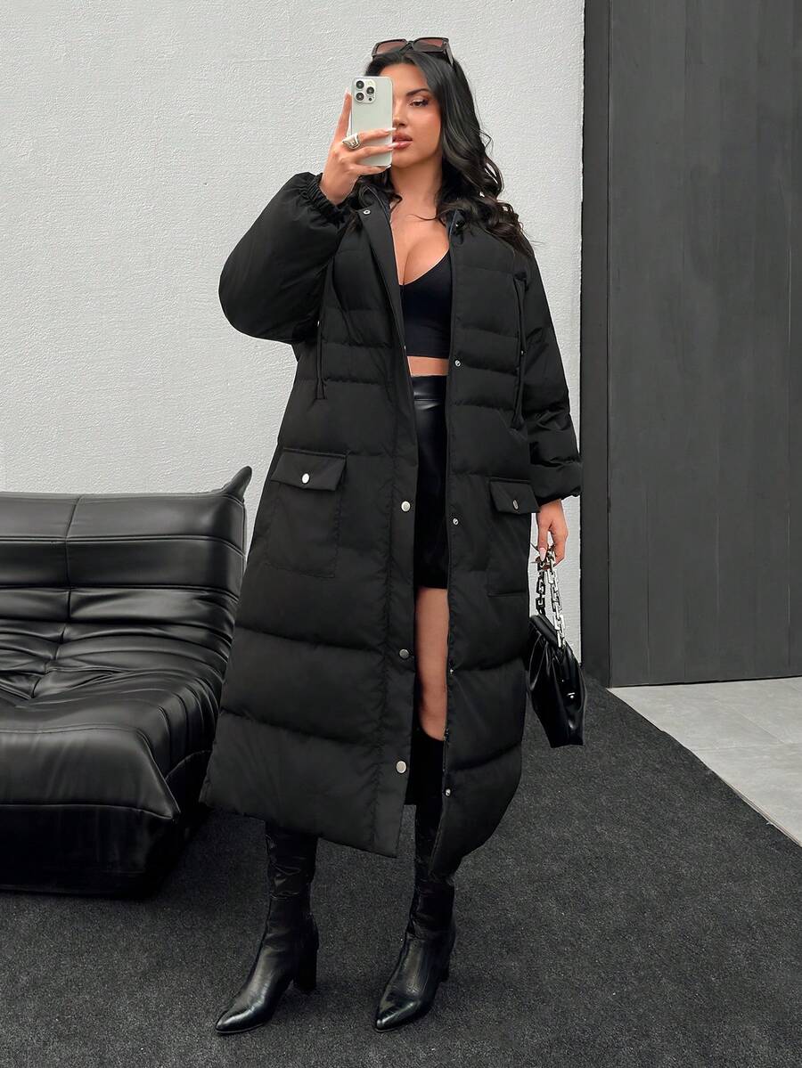 EURMUSE Long Padded Coat Keeping Warm With Big Two Pockets - Black - View 1