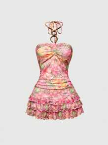 ROMWE Avant Y2K Hawaiian Resort Coconut Girl Hibiscus Print Mini Mesh Skater Dress For Women - Pink - View 1