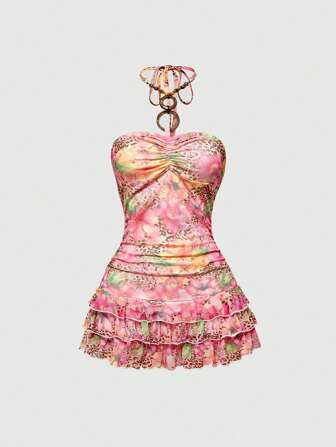 ROMWE Avant Vestido corto de red estilo patinador con estampado de hibisco y cocos, inspirado en el estilo Y2K hawaiano, para mujeres
