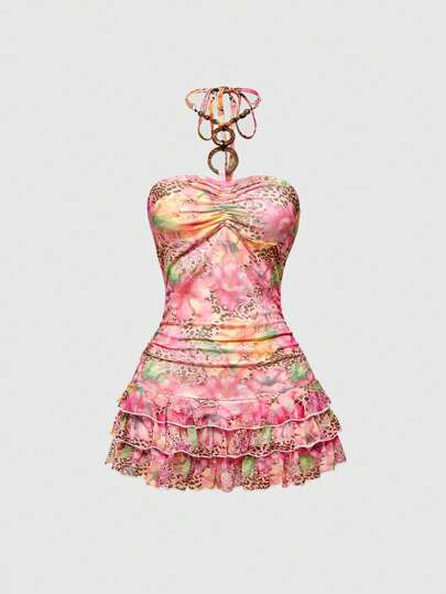 ROMWE Avant Vestido corto de red estilo patinador con estampado de hibisco y cocos, inspirado en el estilo Y2K hawaiano, para mujeres