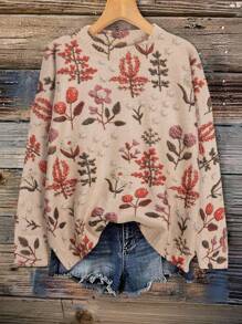 Suéter de punto holgado de manga larga con cuello redondo, estampado floral, versátil y casual para mujer de talla grande, para otoño e invierno