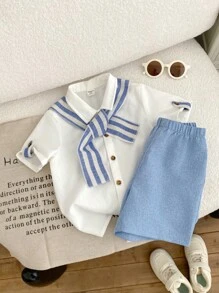3 件套年轻男童休闲舒适百搭短袖衬衫、图案斗篷和条纹短裤套装