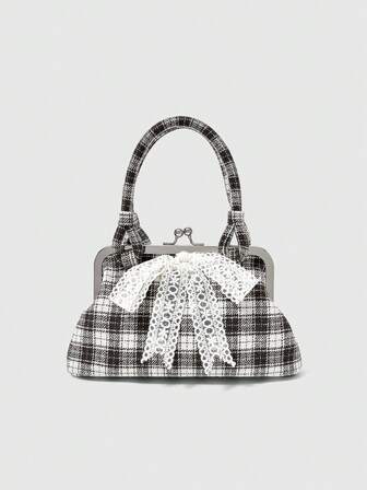 Fairycore Fashionable Elegant Plaid Bow Handbag