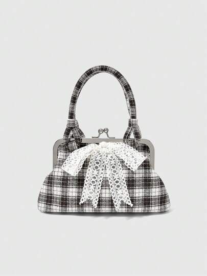 Fairycore Fashionable Elegant Plaid Bow Handbag