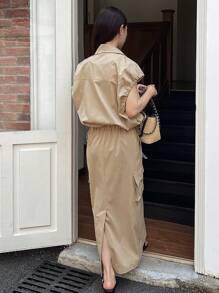 DAZY 2pcs Women Utility Style Top And Skirt Set - Khaki - View 2