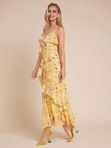 Amorya 女式 V 领荷叶边花卉印花吊带连衣裙，黄橙色，腰部设计优雅连衣裙，适合日常穿着，春夏季 - 彩色 - 查看 4