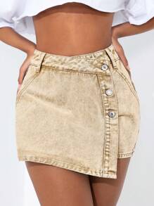 SHEIN PETITE Women's Single Row Button Asymmetric Hem Casual Denim Skorts - Khaki - View 4