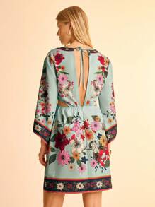 CAJUNI Đầm ngắn hở lưng cổ chữ V in họa tiết hoa nhiệt đới Boho dành cho nữ - Nhiều màu - Xem 2