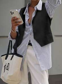 INAWLY 女式春夏纯色单排扣 V 领背心夹克 - 黑色 - 查看 6