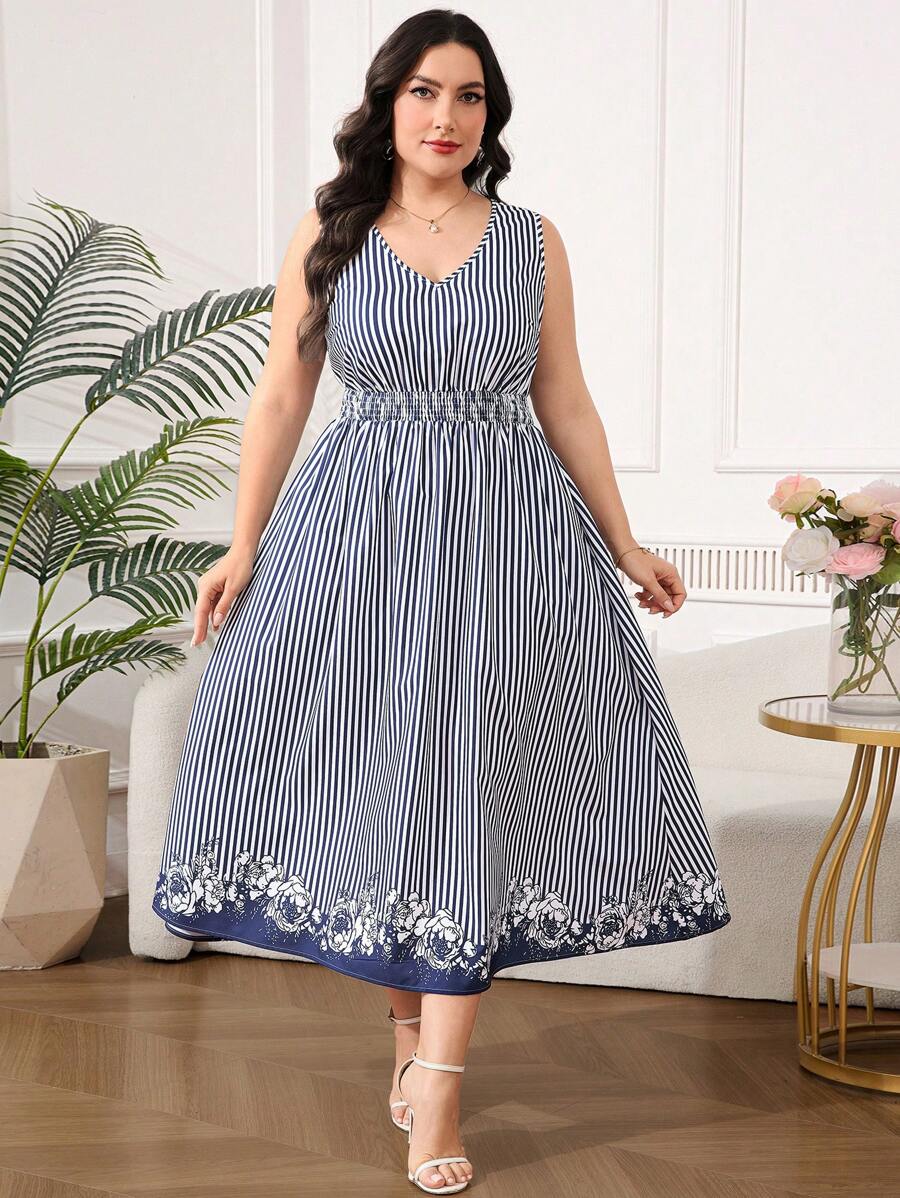 SHEIN Clasi Plus Size Striped Waisted Floral Hem Long Dress,Airport Outfit For Women ,Travel Outfit Airport ,Airport Outfit