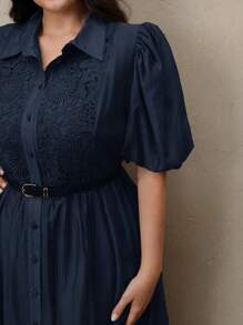 Anewsta Lace Patchwork Puff Sleeve Shirt Collar Elegant Maxi Dress For Women - Navy Blue - View 2