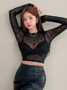 DAZY 图案印花立领短款网眼上衣（不含胸罩）外出上衣节日透明长袖女式上衣，秋季女装 - 黑色 - 查看 3