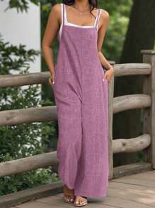 EMERY ROSE Plus Size Denim Effect Textured Square Collar Casual Jumpsuit - Dusty Pink - View 4