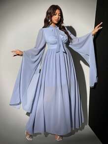 Viva Relle Plus Size Elegant Romantic Loose Chiffon Dress With Tie Collar, Cinched Waist, A-Line Hem And Lantern Sleeves Fall Cloth For Women - Dusty Blue - View 1