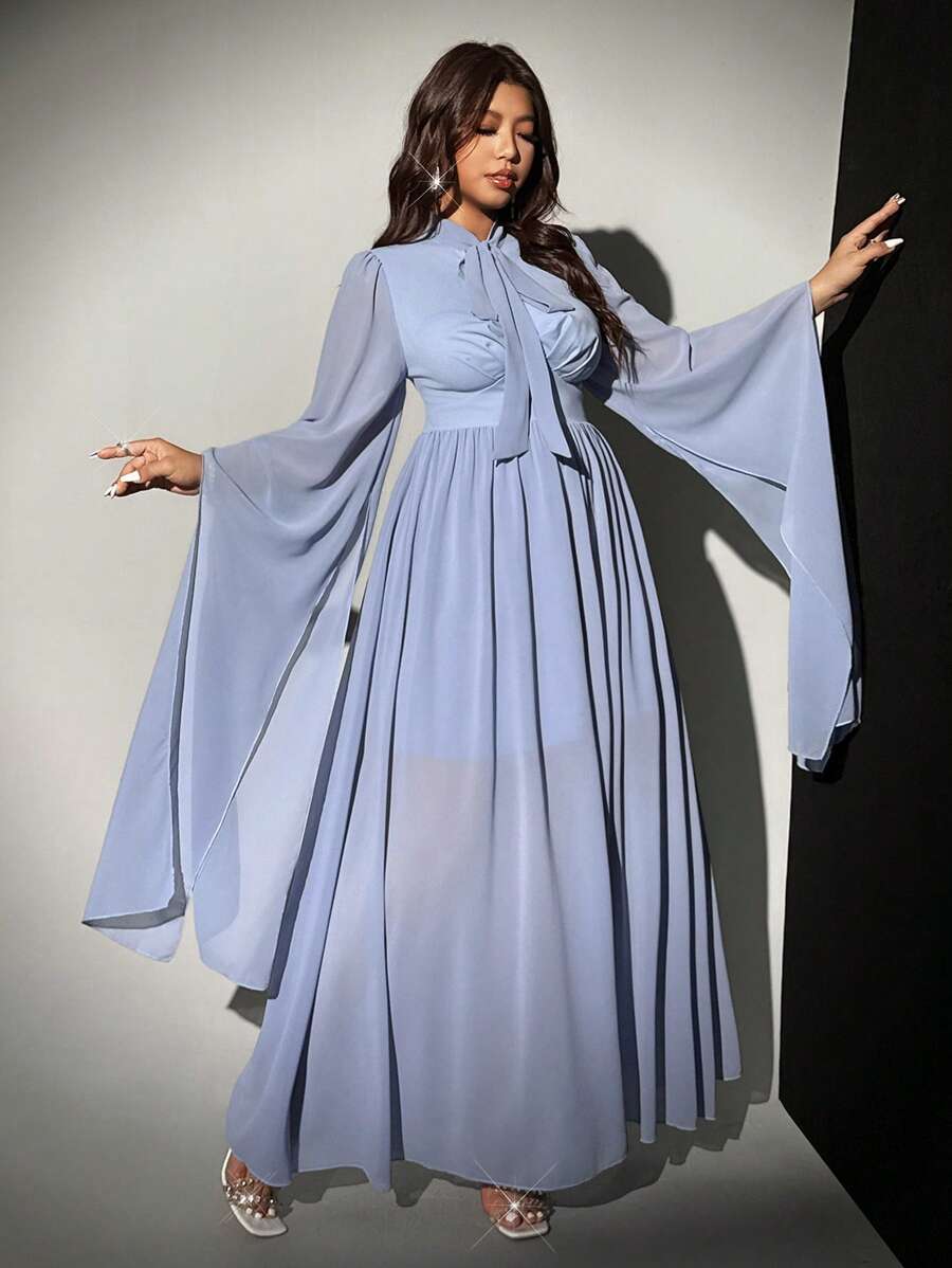 Viva Relle Plus Size Elegant Romantic Loose Chiffon Dress With Tie Collar, Cinched Waist, A-Line Hem And Lantern Sleeves Fall Cloth For Women - Dusty Blue - View 1