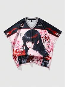 ROMWE MEN Men's Anime Print Short Sleeve T-Shirt, Suitable For Spring And Summer - Pink - View 1